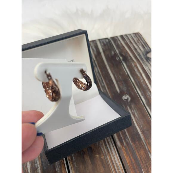 Women's Small Hoop Earrings Copper Colored Silver Plated Filagree - Picture 3 of 7